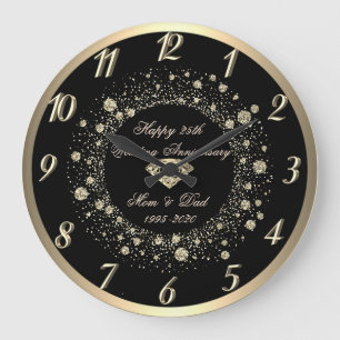 Gold Confetti Dots Black  25th Wedding Anniversary Large Clock