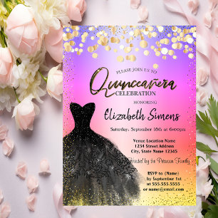Gold Confetti Dots,Black Dress Ombre Quinceañera Invitation