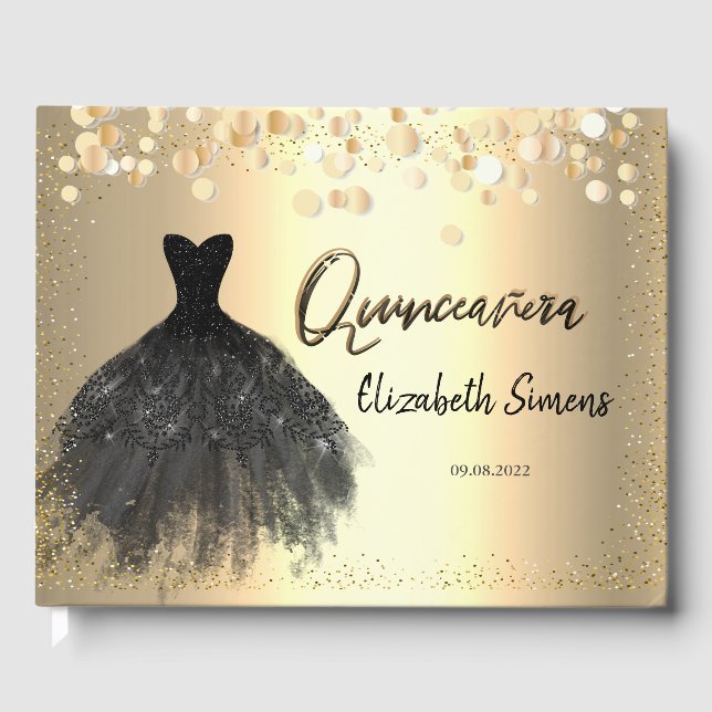 Gold Confetti Dots,Black Dress Quinceañera Guest Book (Front)