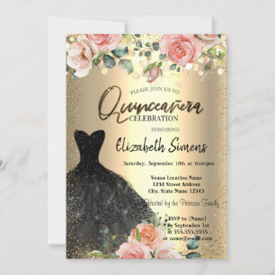 Gold Confetti Dots,Black Dress Roses Quinceañera Invitation