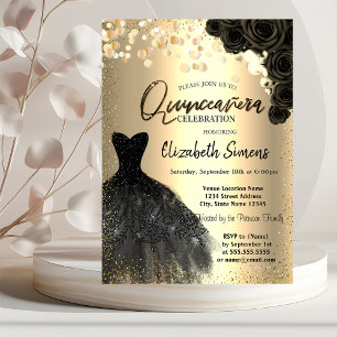 Gold Confetti Dots,Black Dress Roses Quinceañera Invitation