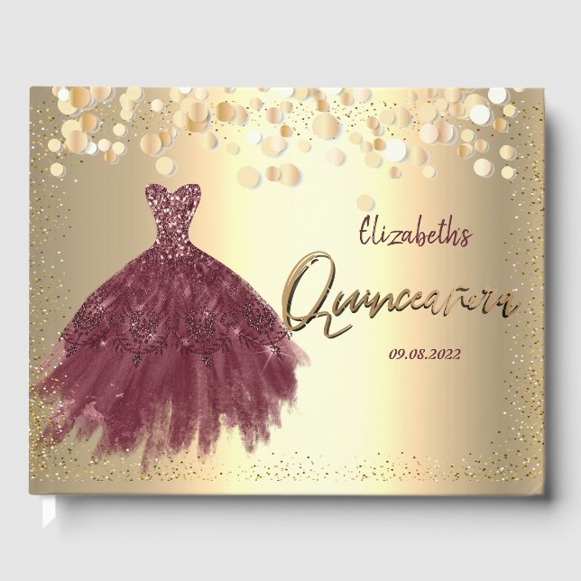 Gold Confetti Dots,Burgundy Dress Quinceañera  Guest Book (Front)
