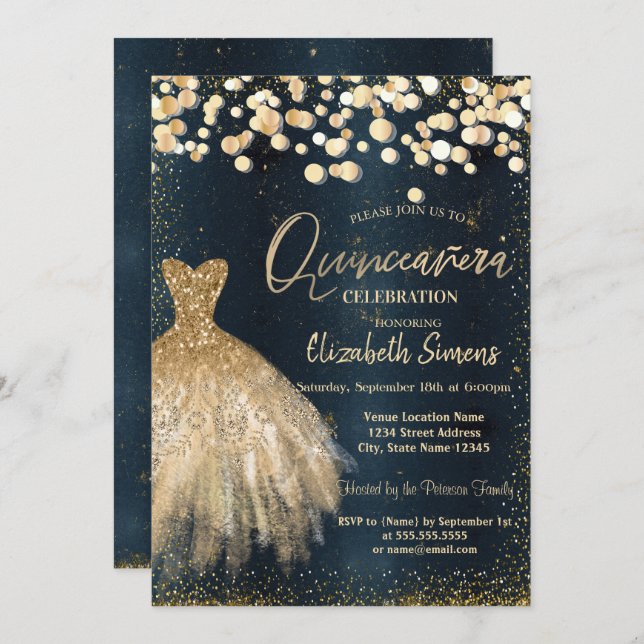 Gold Confetti Dots,Dress Dark Blue Quinceañera  Invitation (Front/Back)