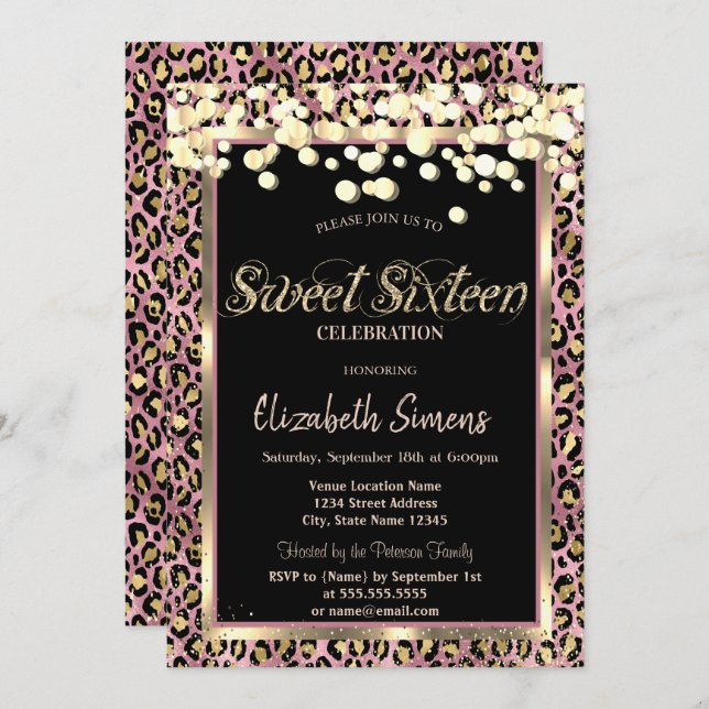Gold Confetti Dots Leopard Print Sweet 16 Invitation (Front/Back)