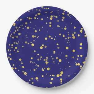 Gold Confetti Dots Midnight Blue Paper Plate