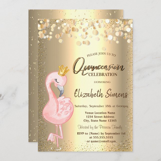 Gold Confetti Dots,Pink Flamingo Crown Quinceañera Invitation (Front/Back)