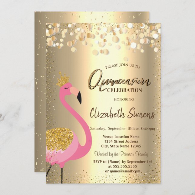 Gold Confetti Dots,Pink Flamingo Quinceañera Invitation (Front/Back)
