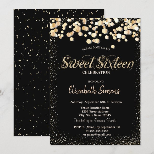 Gold Confetti Dots Princess Black Sweet 16 Invitation (Front/Back)