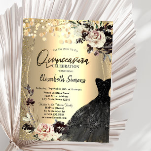 Gold Confetti Dots,Roses,Frame Black Dress Invitation