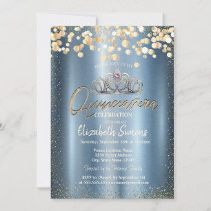 Gold Confetti Dots,Tiara Blue Metallic Quinceañera Invitation