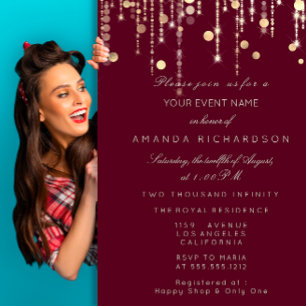 Gold Confetti Drip Birthday Bridal Burgundy Maroon Invitation