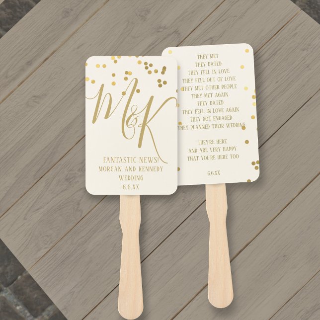 Gold Confetti Ecru Wedding Program Hand Fans (Gold Confetti on Ecru Wedding Program Hand Fans with space for your details)