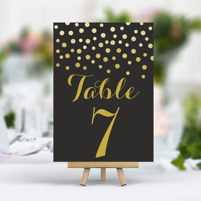 Gold Confetti Elegant Black Table Number Card (Creator Uploaded)