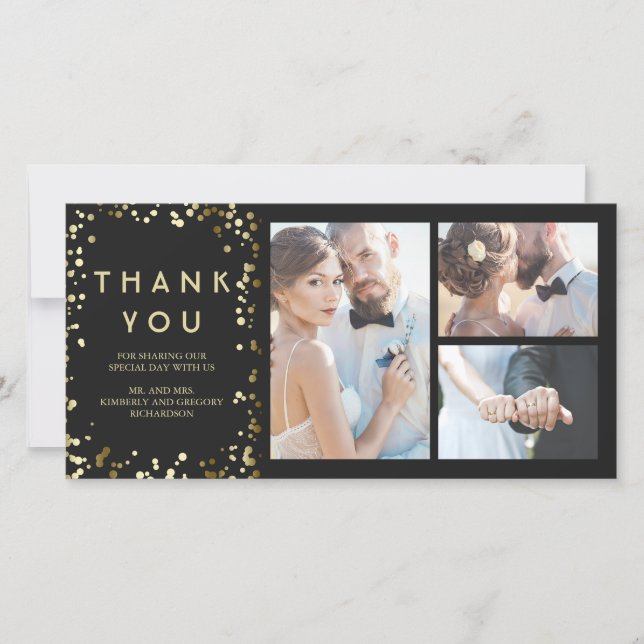 Gold Confetti Elegant Black Wedding Thank You (Front)