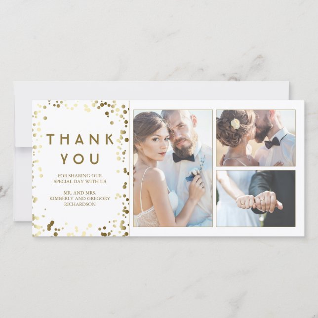 Gold Confetti Elegant White Wedding Thank You Card (Front)