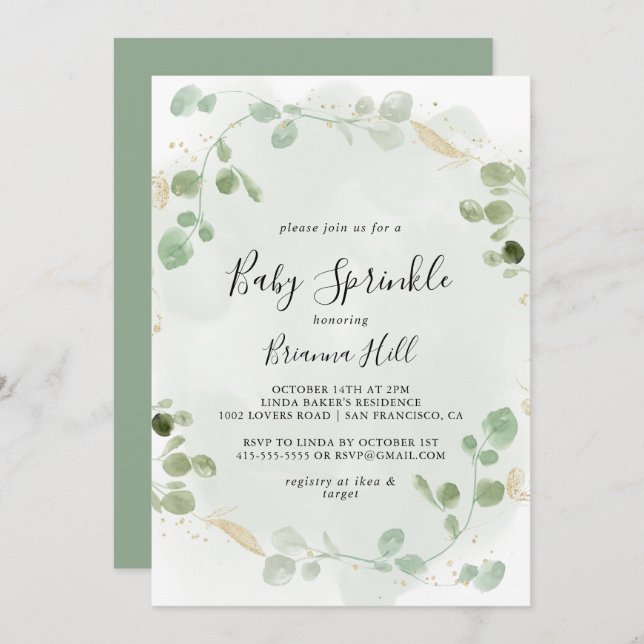 Gold Confetti Eucalyptus Foliage Baby Sprinkle  Invitation (Front/Back)