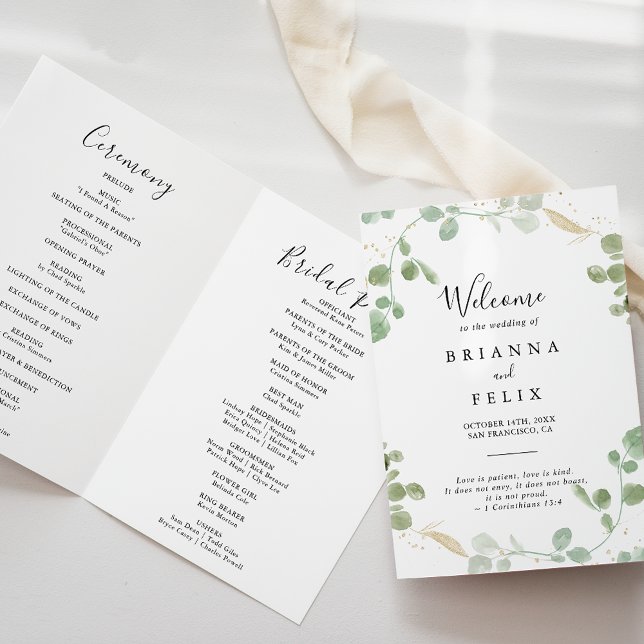 Gold Confetti Eucalyptus Foliage Folded Wedding Program (Creator Uploaded)