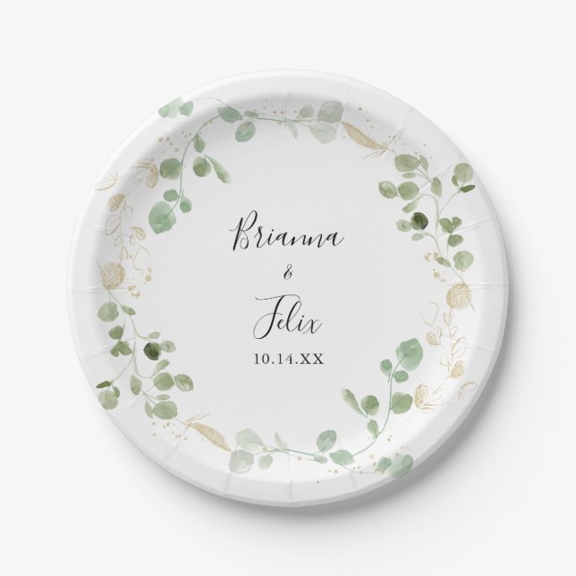 Gold Confetti Eucalyptus Foliage Wedding Cake  Paper Plate (Front)