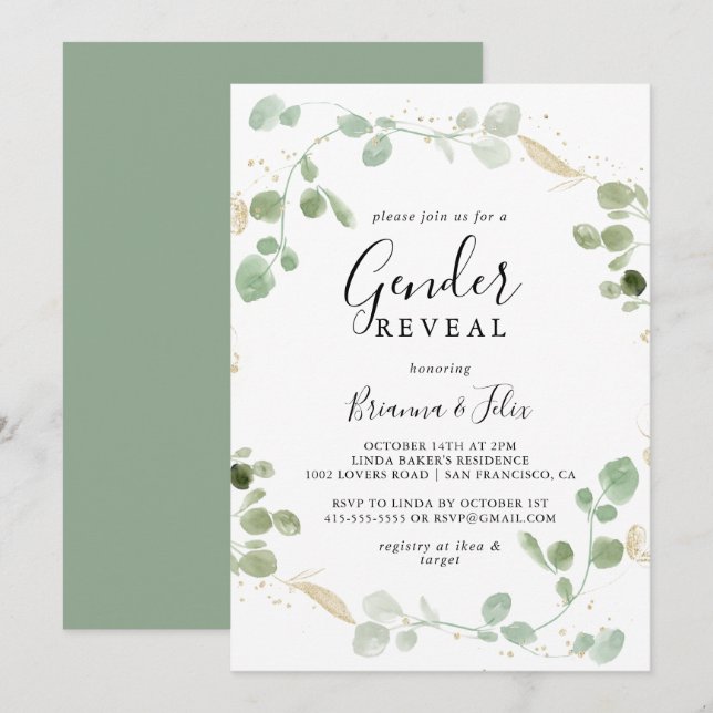 Gold Confetti Eucalyptus Gender Reveal Party  Invitation (Front/Back)