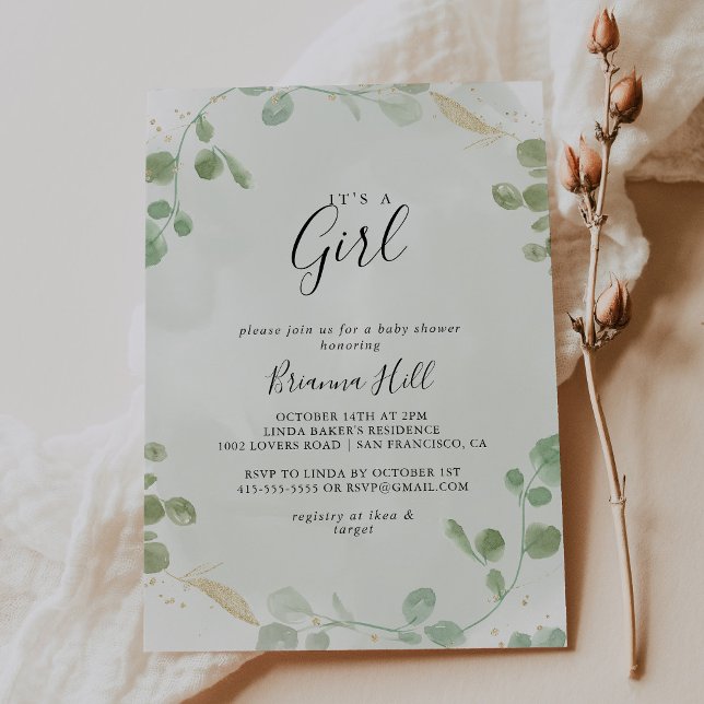 Gold Confetti Eucalyptus It's A Girl Baby Shower  Invitation (Creator Uploaded)