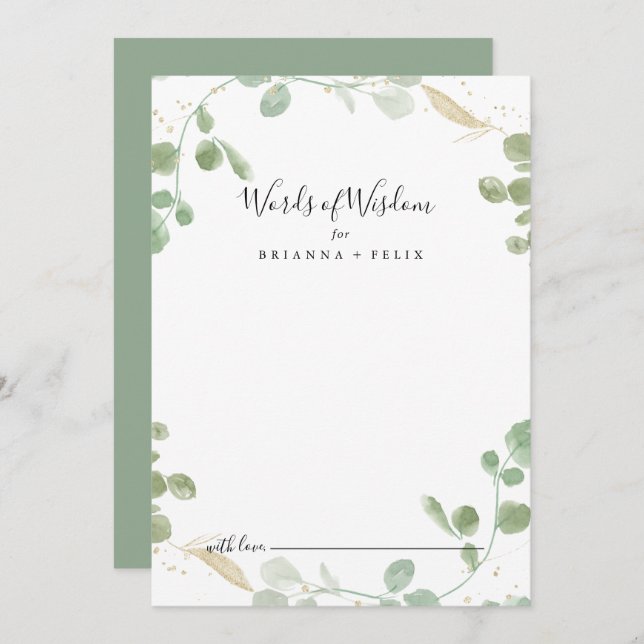 Gold Confetti Eucalyptus Wedding Words of Wisdom  Advice Card (Front/Back)