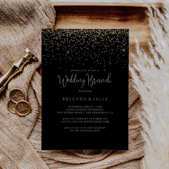Gold Confetti Fancy Script Wedding Brunch  Invitation (Creator Uploaded)