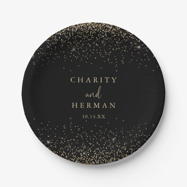 Gold Confetti Fancy Script Wedding Cake  Paper Plate (Front)