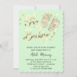 Gold Confetti Feet Baby Girl Boy Shower Mint Green Invitation