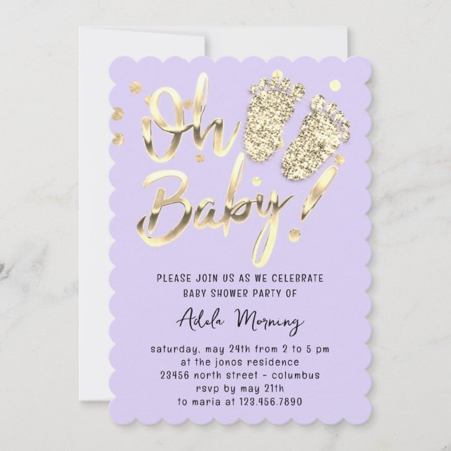 Gold Confetti Feet Baby Girl Boy Shower Purple Invitation (Front)