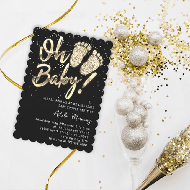 Gold Confetti Feet Baby Shower Script Black White Invitation (Gold Confetti Feet Baby Shower Script Black White Invitation)
