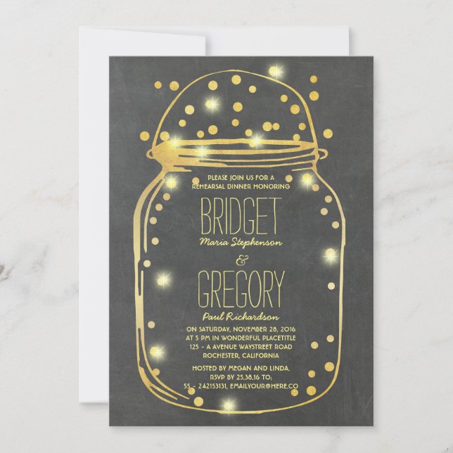 Gold Confetti Fireflies Mason Jar Rehearsal Dinner Invitation (Front)