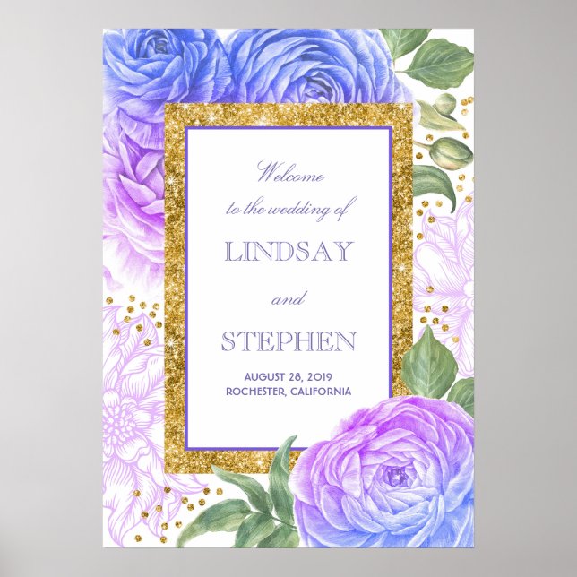 Gold Confetti Floral Blue and Purple Welcome Poster (Front)
