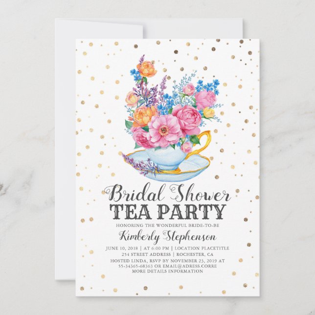 Gold Confetti | Floral Bridal Shower Tea Party Invitation (Front)