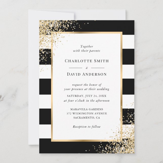 Gold Confetti Frame Black White Stripe Wedding Invitation (Front)