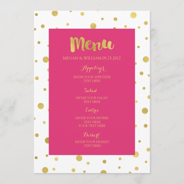 Gold Confetti Fuchsia Hot Pink Wedding Menu (Front)