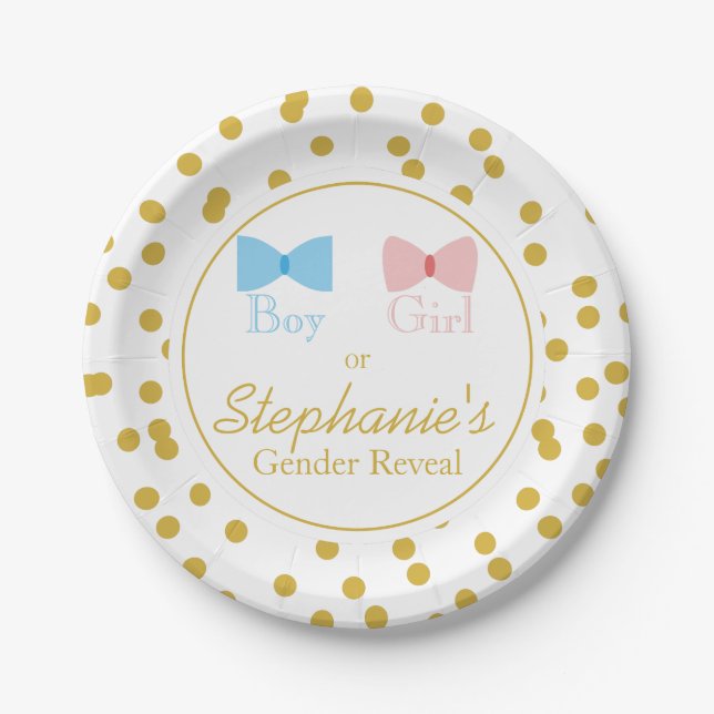 Gold Confetti Gender Reveal Bow and Bow Tie Paper Plate (Front)
