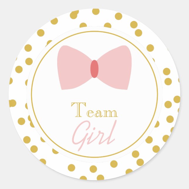 Gold Confetti Gender Reveal Bow Team Girl Classic Round Sticker (Front)