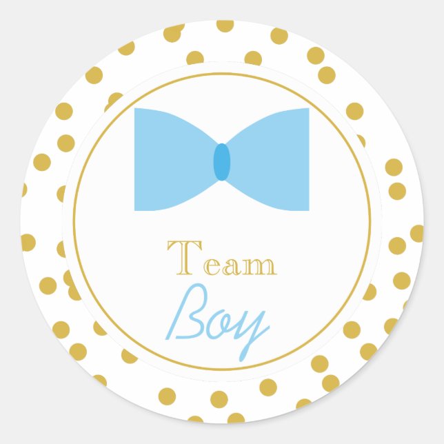 Gold Confetti Gender Reveal Bow Tie Team Boy Classic Round Sticker (Front)