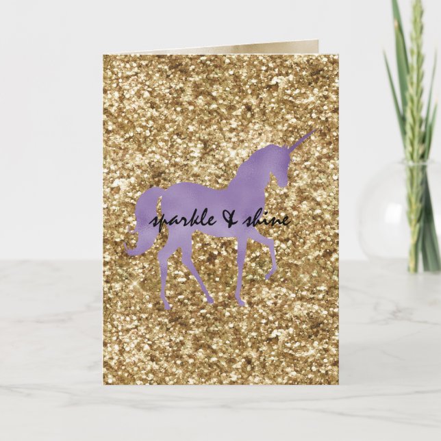 Gold Confetti Glitter Purple Unicorn Card (Front)