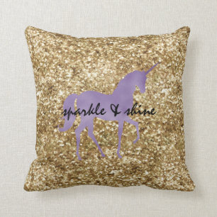 Gold Confetti Glitter Purple Unicorn Cushion