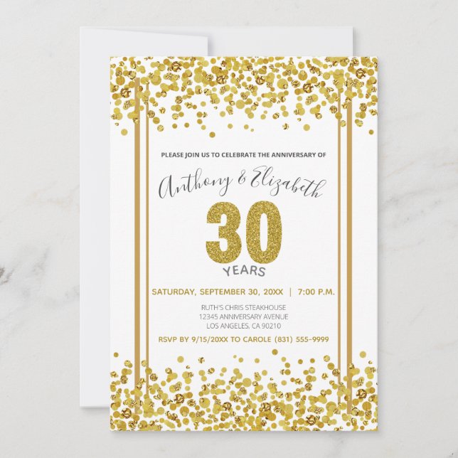 Gold Confetti Glitter-Style 30th Anniversary Party Invitation (Front)