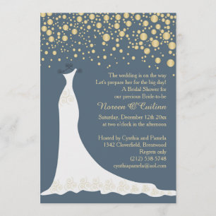 Gold confetti, gown on grey blue Bridal Shower Invitation