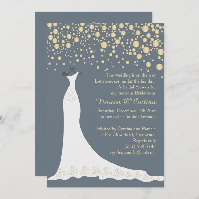 Gold confetti, gown on grey blue Bridal Shower Invitation (Front/Back)