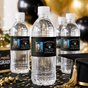 Gold Confetti Graduate Photo Graduation Party Water Bottle Label