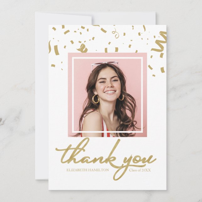Gold Confetti Graduation Photo Thank You Card (Front)