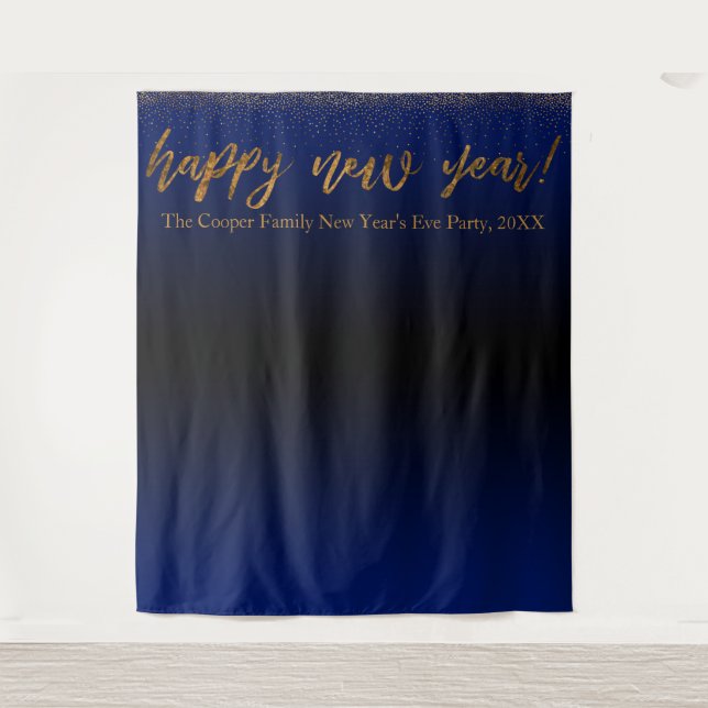 Gold Confetti Happy New Year! Black Blue Backdrop Tapestry (Front)