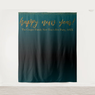 Gold Confetti Happy New Year! Black Teal Backdrop Tapestry
