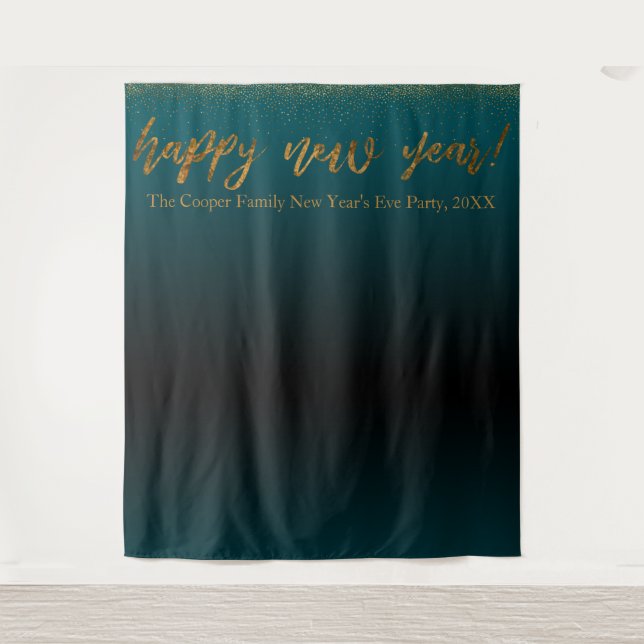Gold Confetti Happy New Year! Black Teal Backdrop Tapestry (Front)