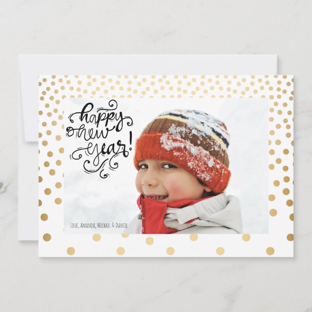 Gold Confetti Happy New Year Photo Card (Front)
