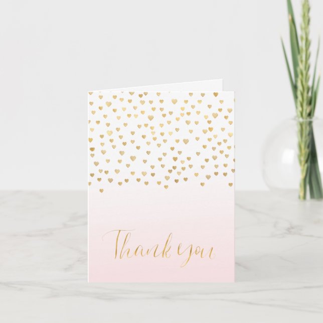 Gold Confetti Hearts Blush Pink Ombre Thank you Card (Front)